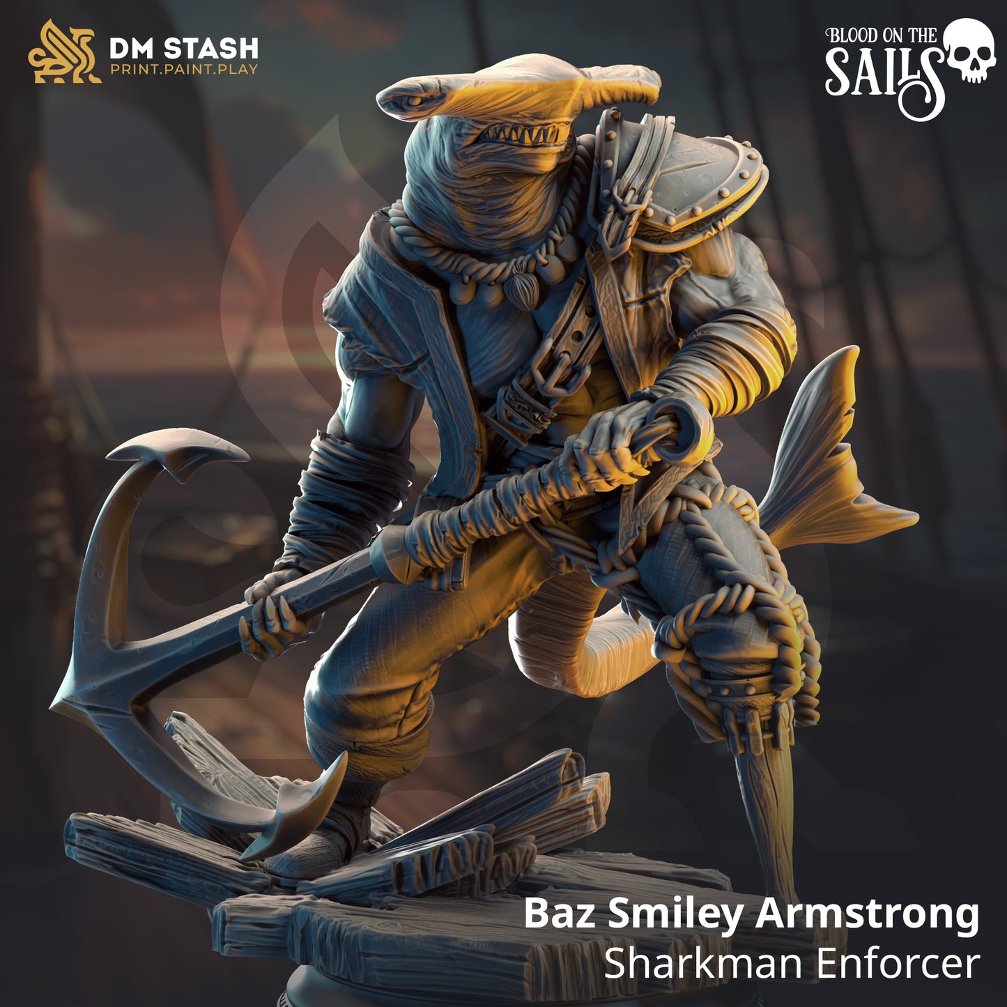 Image shows a 3D render of a sharkfolk pirate gaming miniature.
