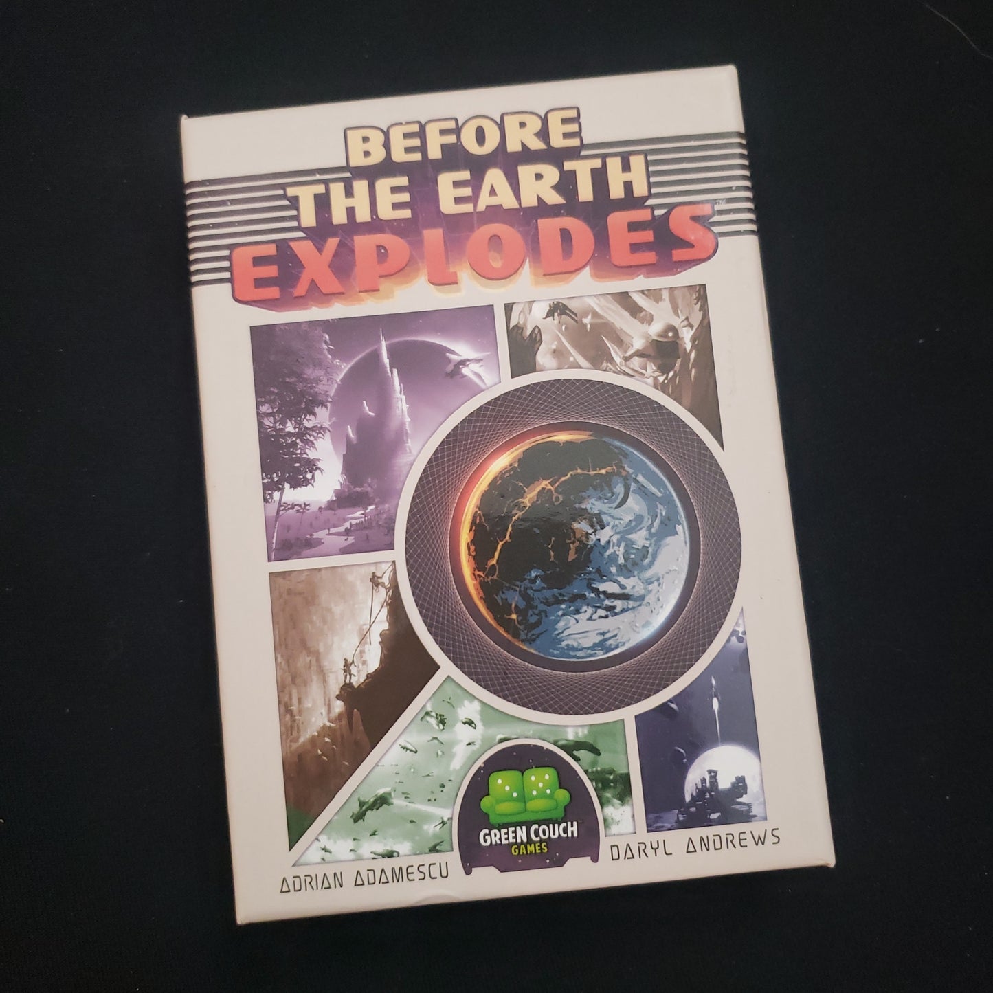 Image shows the front cover of the box of the card game Before the Earth Explodes