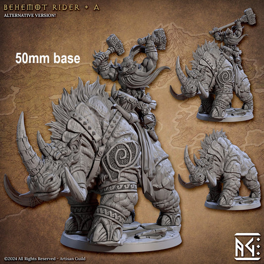 Image shows a 3D render of two options for a gaming miniature featuring a dwarf berserker riding a saddled behemot, one holding two smaller hammers and one holding a large hammer wearing a helmet