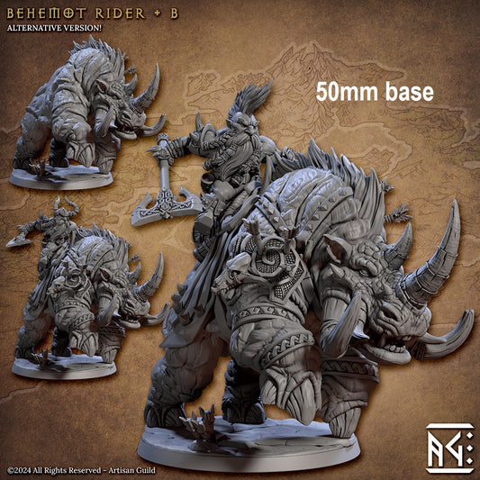 Image shows a 3D render of two options for a gaming miniature featuring a dwarf berserker riding a saddled behemot, one holding a large axe and one holding a smaller axe wearing a helmet
