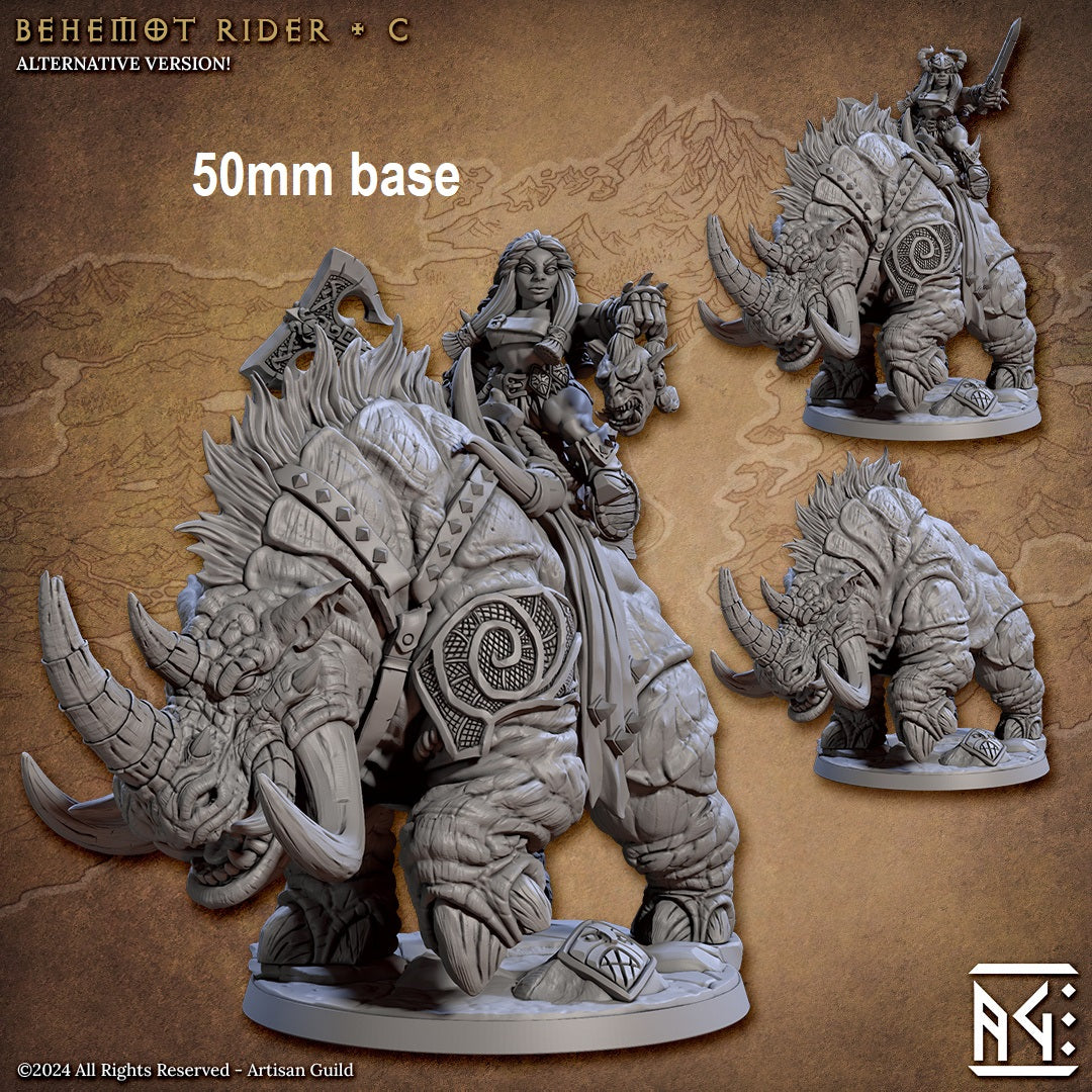 Image shows a 3D render of two options for a gaming miniature featuring a dwarf berserker riding a saddled behemot, one holding an axe and a decapitated orc head and one holding a sword wearing a helmet