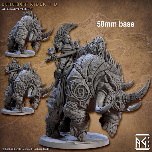 Image shows a 3D render of two options for a gaming miniature featuring a dwarf berserker riding a saddled behemot, one holding a warhammer with a large mohawk and one holding a two-handed axe wearing a helmet