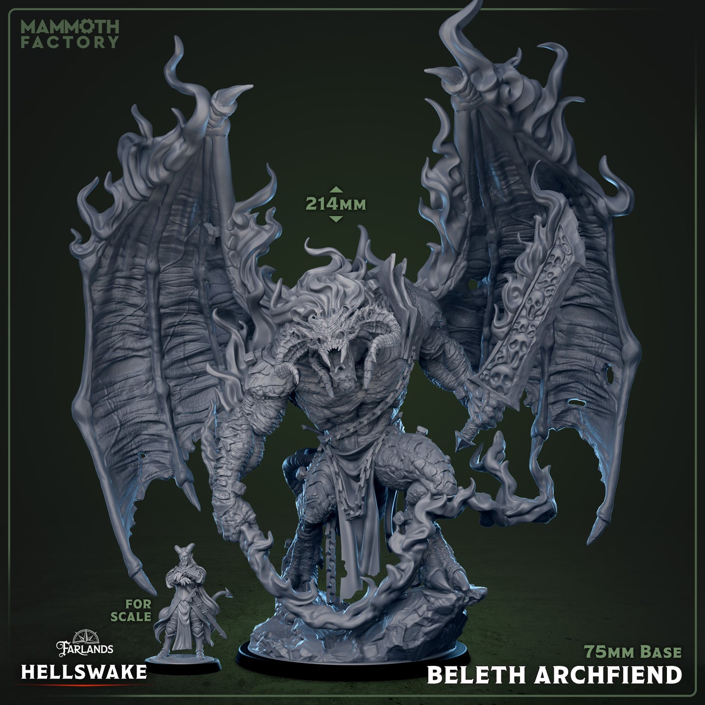 Image shows a 3D render of a huge winged archdemon gaming miniature.