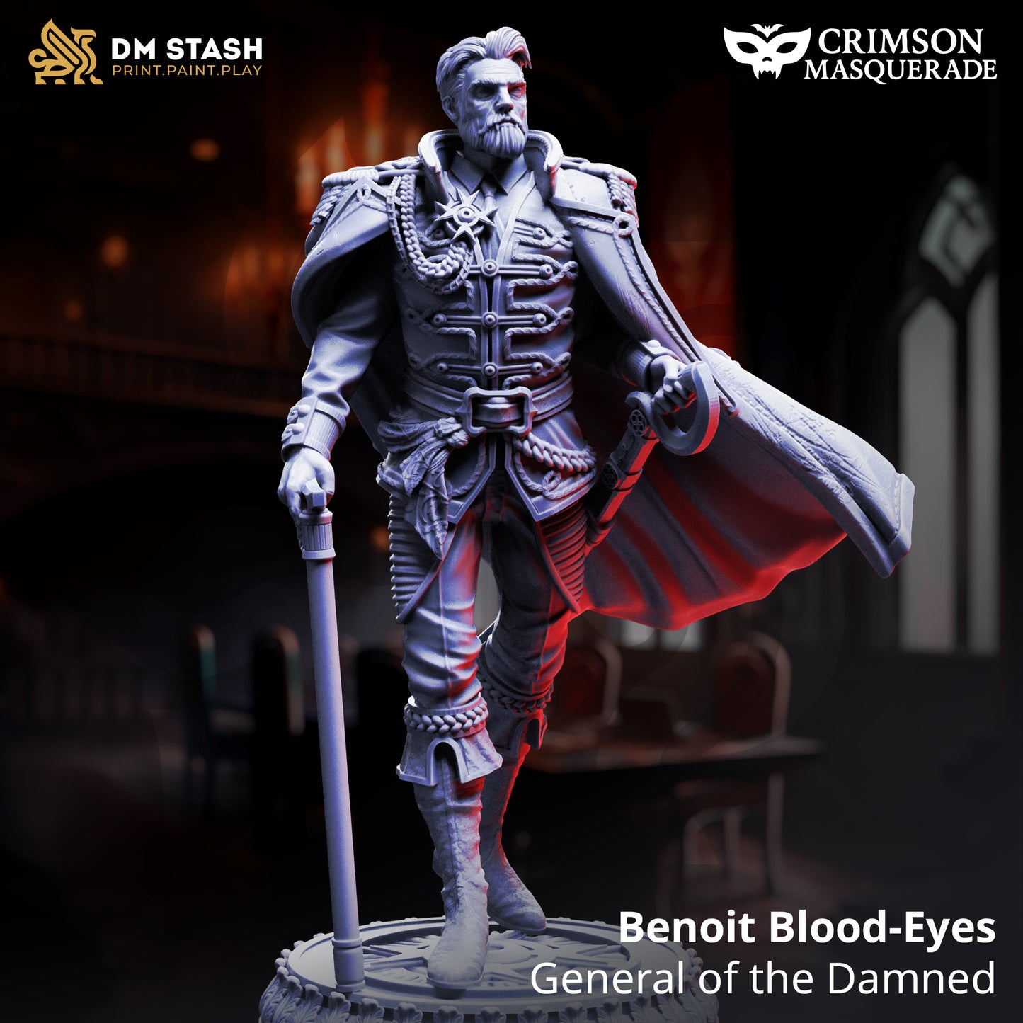 Image shows a 3D render of a vampire general gaming miniature.