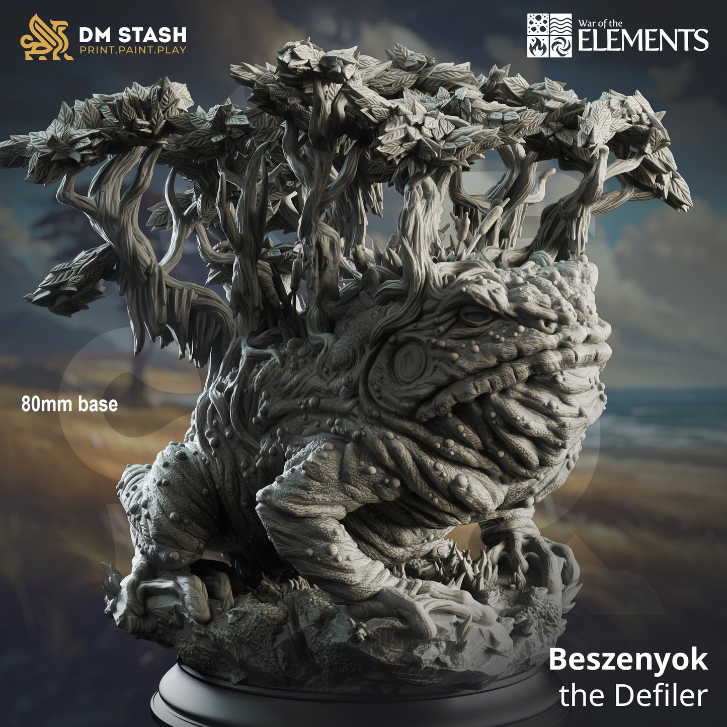 Image shows an 3D render of a elemental frog monstrosity gaming miniature with trees growing out of their back