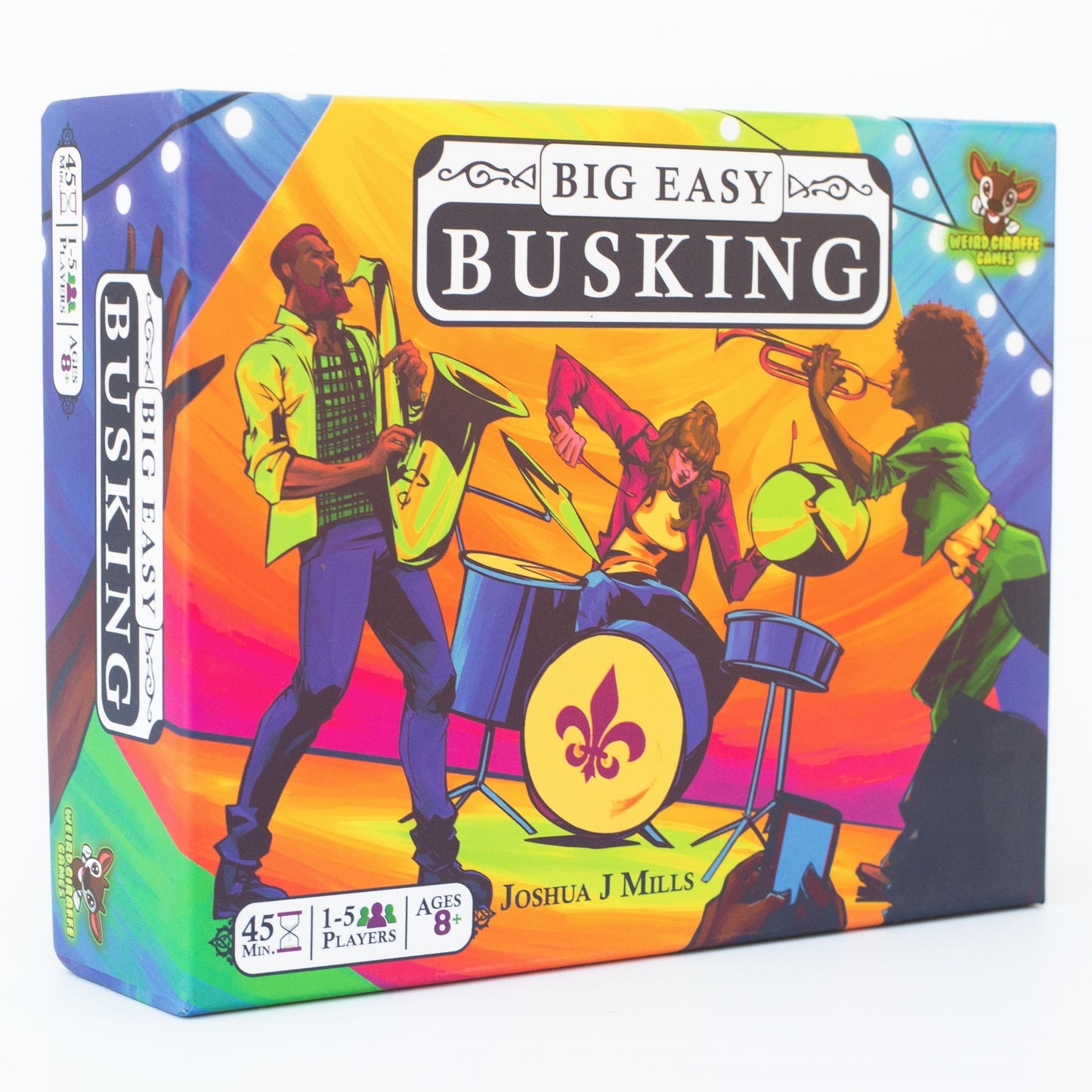 Image shows the front cover of the box of the Big Easy Busking board game