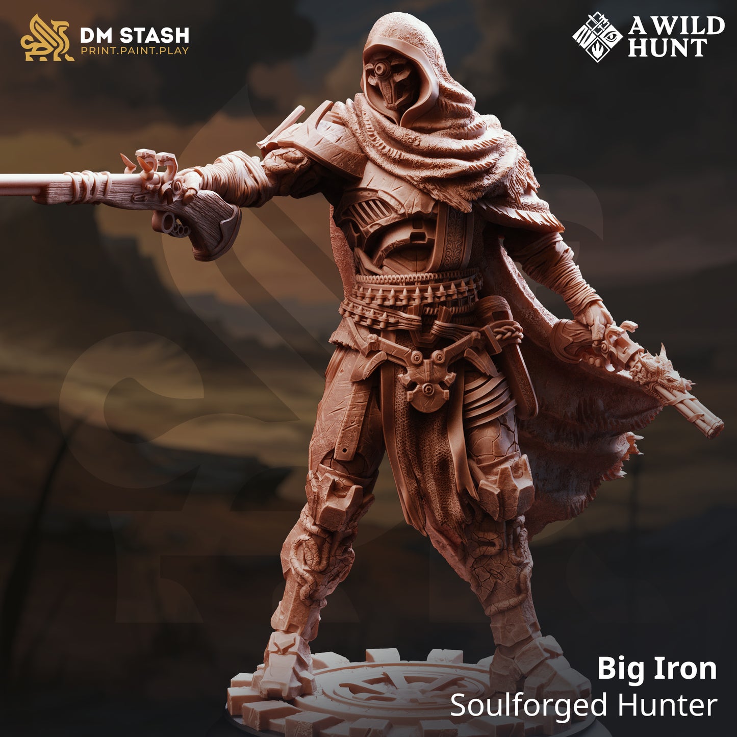 Image shows a 3D render of a warforged gunslinger gaming miniature.
