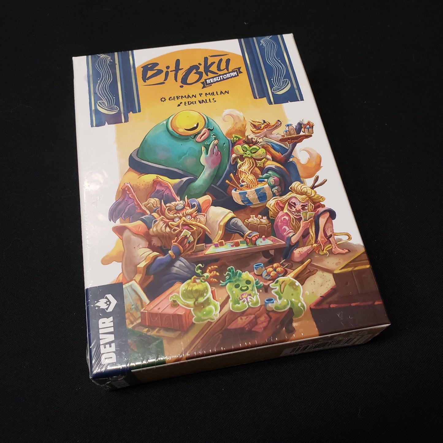 Image shows the front cover of the box of the Resutoran expansion for the board game Bitoku
