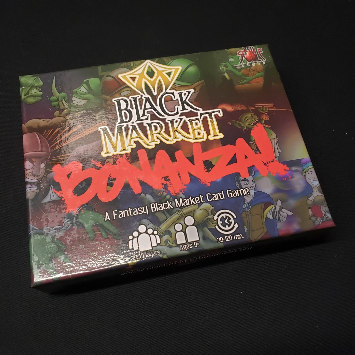 Image shows the front cover of the box of the Black market Bonanzaard game