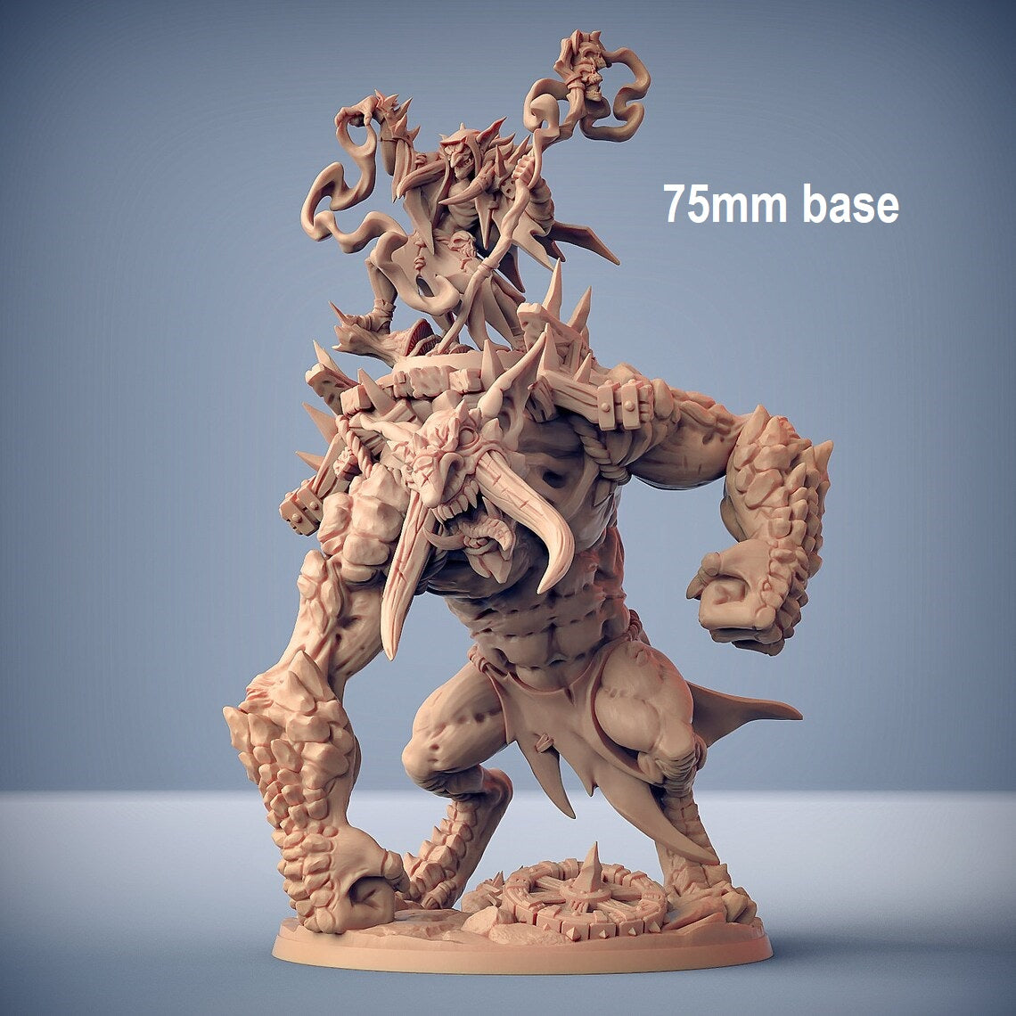 Image shows an 3D render of a rock troll gaming miniature with a hobgoblin shaman riding on a platform on its back