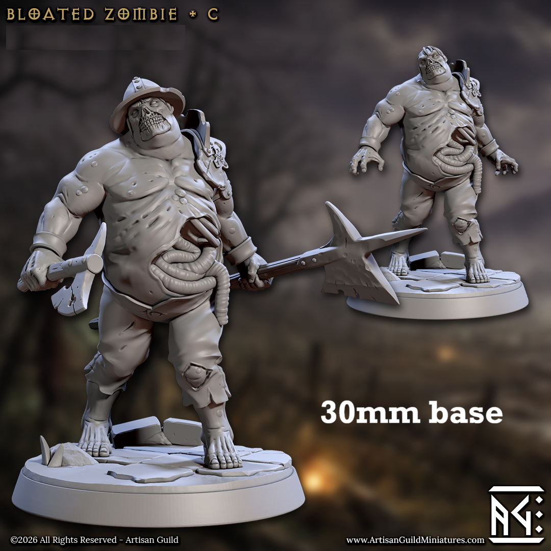 Image shows 3D renders of two sculpt options for a bloated zombie gaming miniature.
