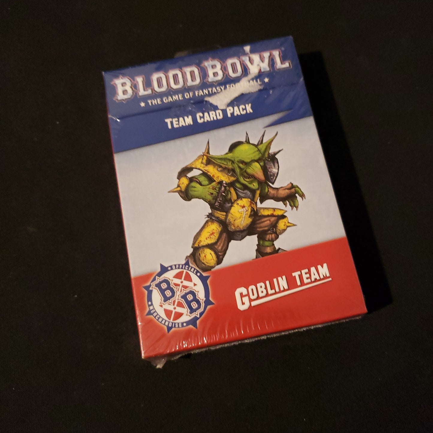 Image shows the front of the box for the Goblin Team Card Pack for the Blood Bowl miniatures game