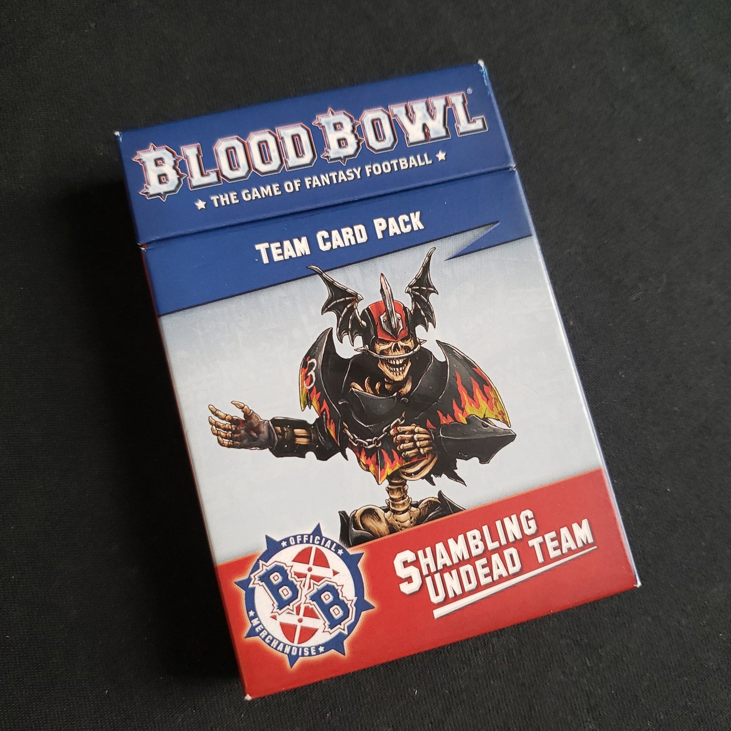 Image shows the front of the box for the Shambling Undead Team Card Pack expansion for the board game Blood Bowl