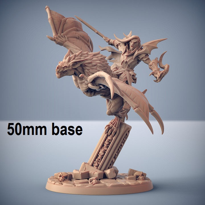 Image shows a 3D render of a gaming miniature depicting a vampire knight riding a giant vampire bat