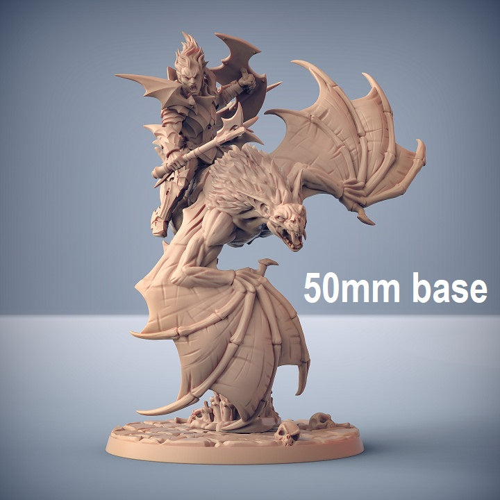 Image shows a 3D render of a gaming miniature depicting a vampire knight riding a giant vampire bat