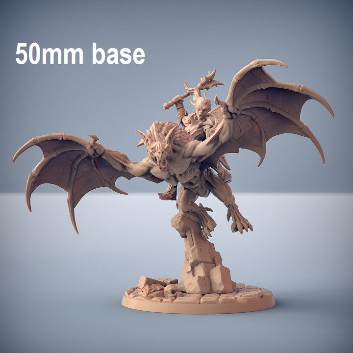 Image shows a 3D render of a gaming miniature depicting a vampire knight riding a giant vampire bat