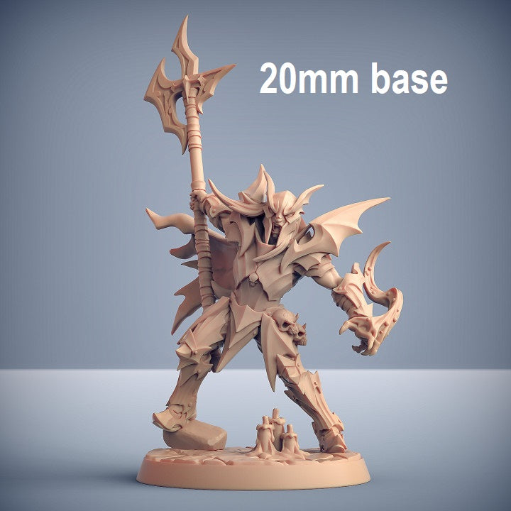 Image shows an 3D render of a vampire soldier gaming miniature wearing a helmet, holding a pole axe in one hand and wielding blood magic in the other