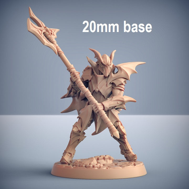 Image shows an 3D render of a vampire soldier gaming miniature wearing a helmet, holding a large two-handed pole axe