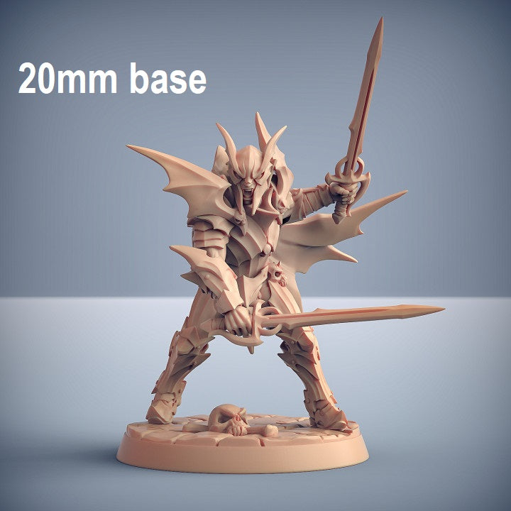 Image shows an 3D render of a vampire soldier gaming miniature wearing a helmet, holding two swords