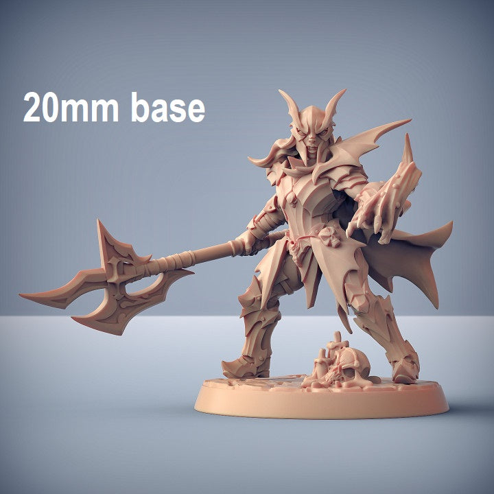 Image shows an 3D render of a vampire soldier gaming miniature wearing a helmet, holding a pole axe in one hand and wielding blood magic in the other