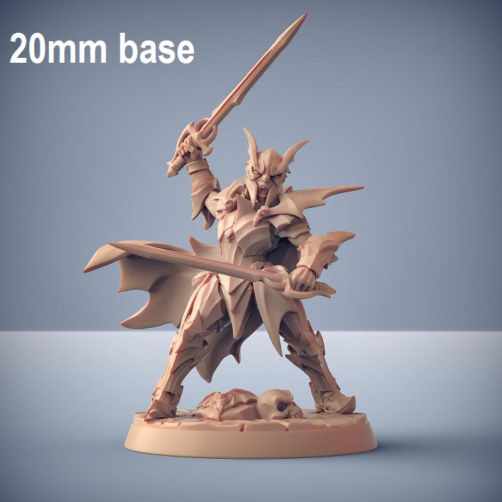Image shows an 3D render of a vampire soldier gaming miniature wearing a helmet, holding two swords
