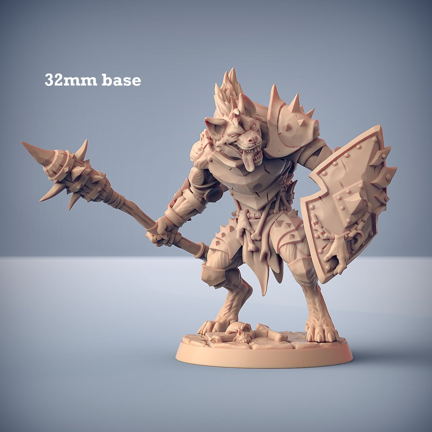 Image shows a 3D render of a gnoll warrior gaming miniature