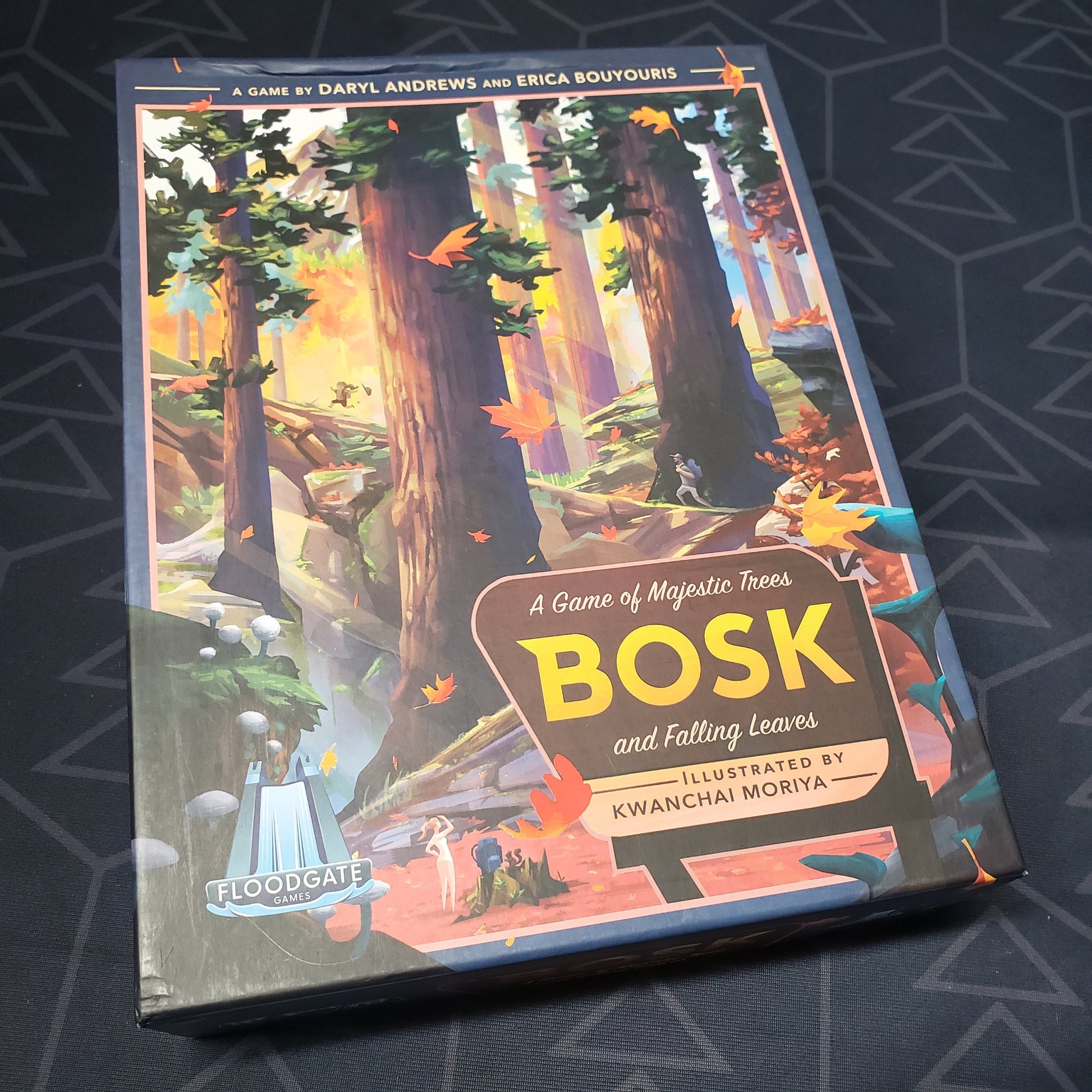 Image shows the front cover of the box of the Bosk board game
