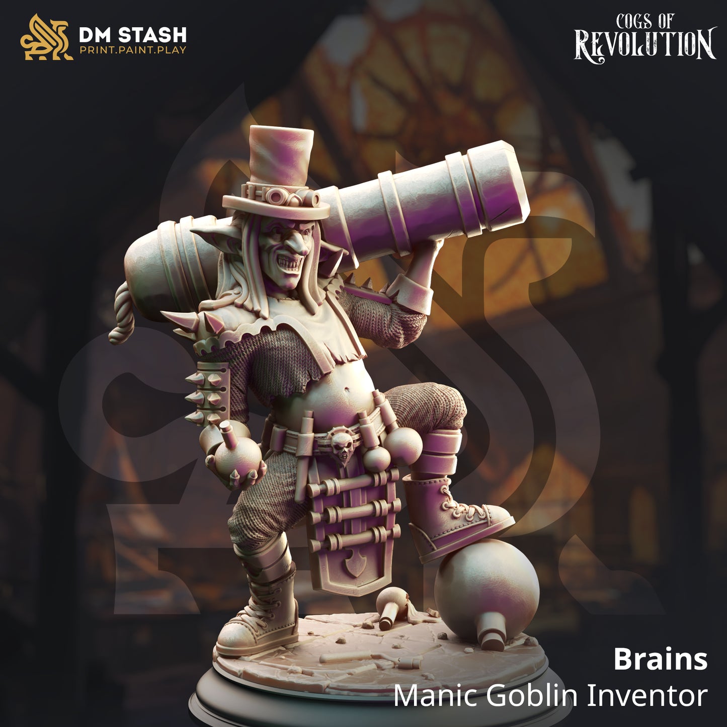 Image shows a 3D render of a steampunk goblin artificer gaming miniature.