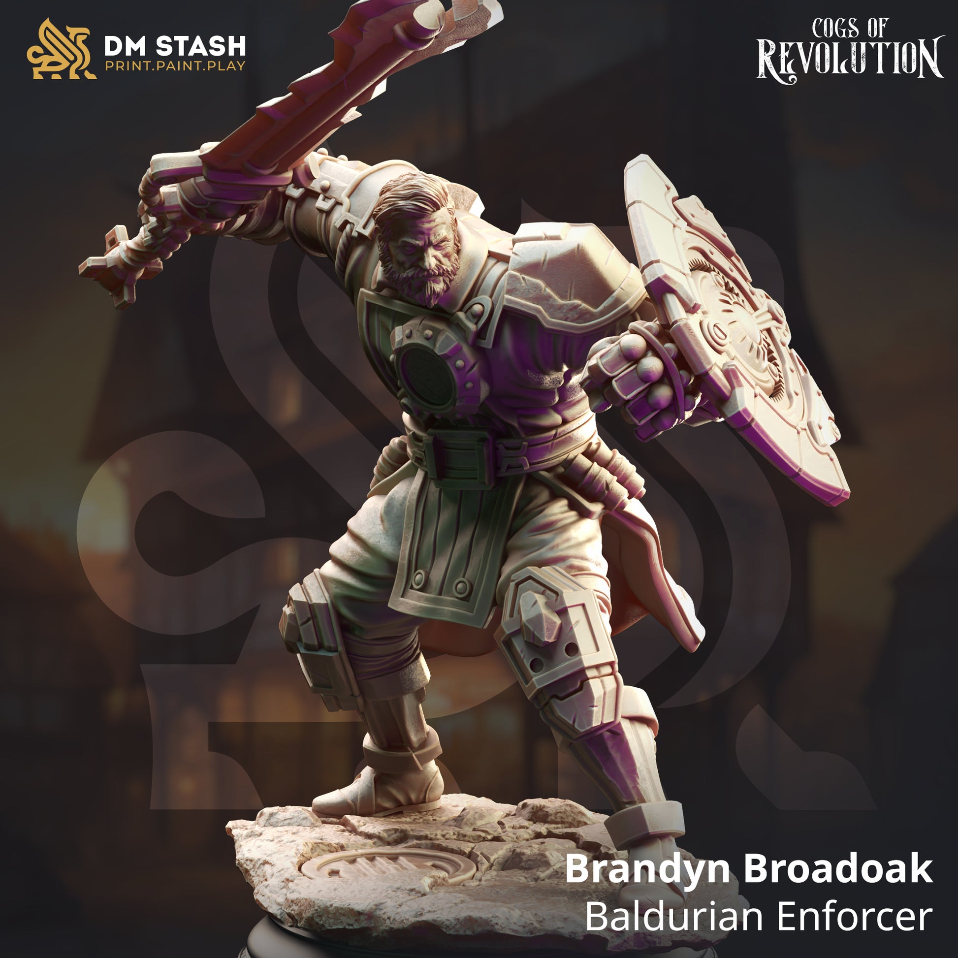 Image shows a 3D render of a steampunk human paladin gaming miniature.