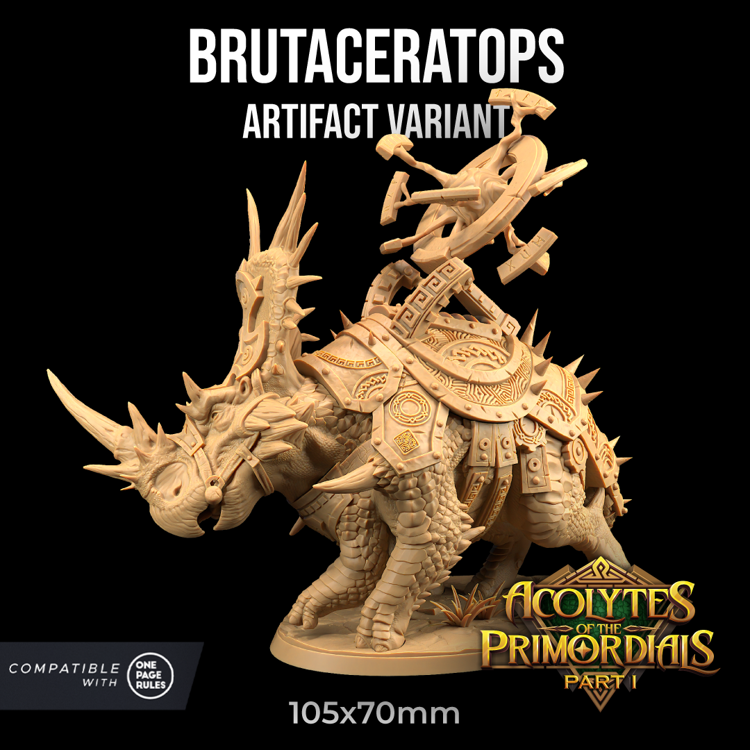 Image shows an 3D render of a war triceratops gaming miniature with a floating artifact on its back