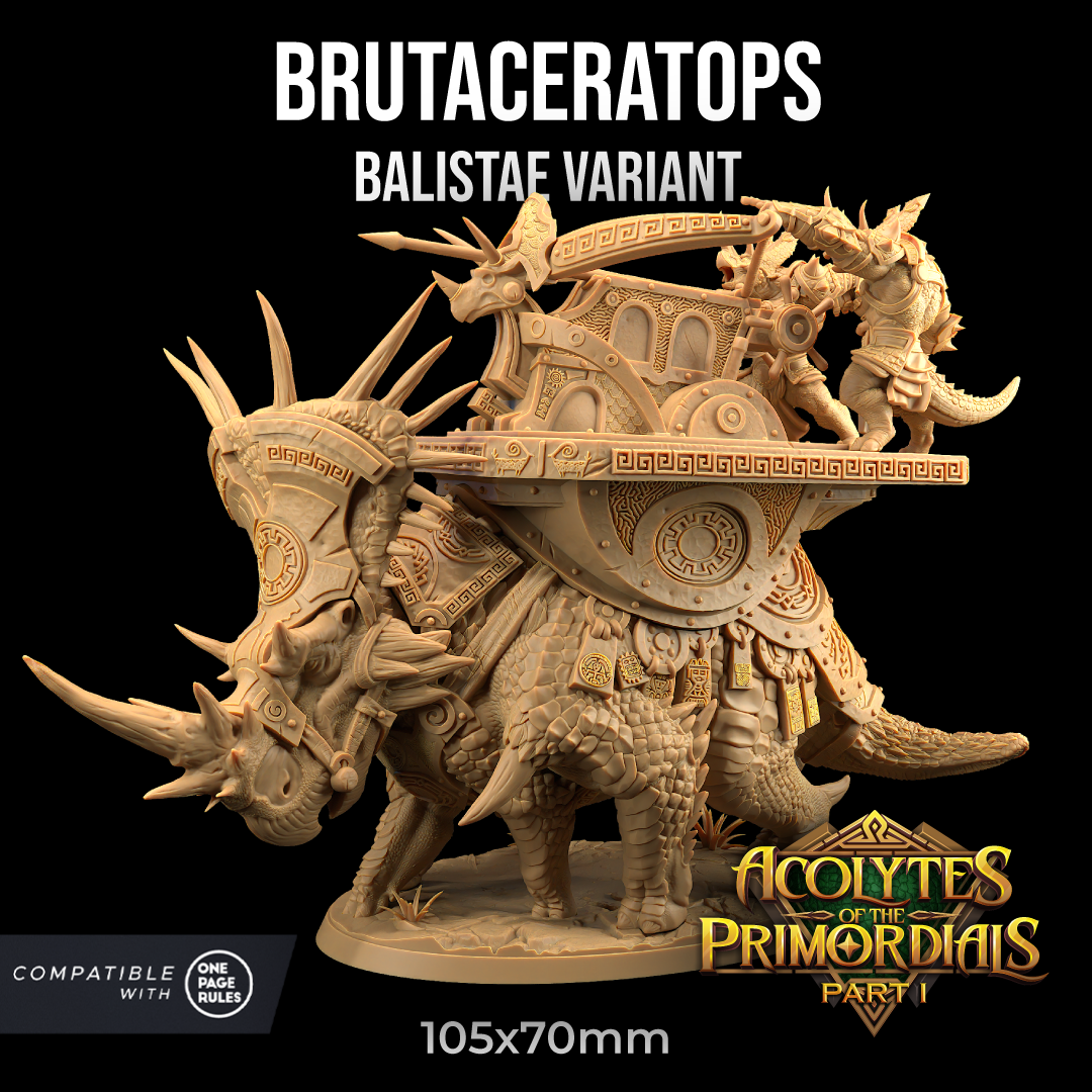 Image shows an 3D render of a war triceratops gaming miniature with a balistae and dinosaur warriors on its back