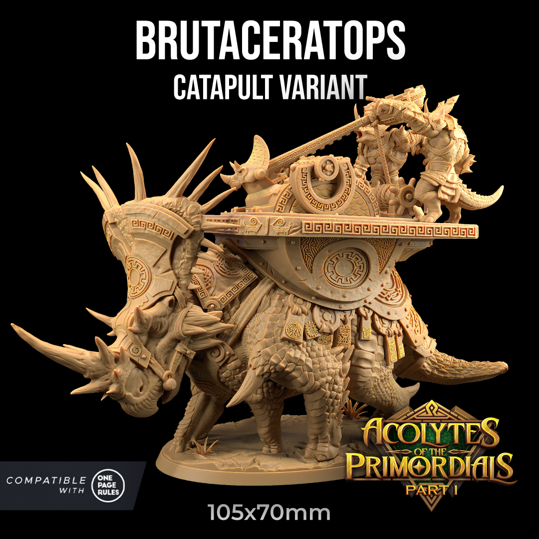 Image shows an 3D render of a war triceratops gaming miniature with a catapult and dinosaur warriors on its back