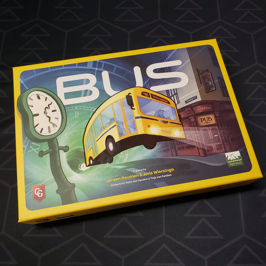 Image shows the front cover of the box of the Bus board game