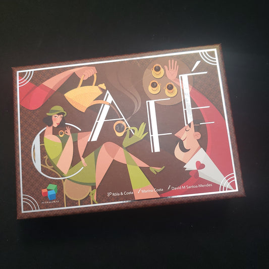 Image shows the front cover of the box of the Cafe board game