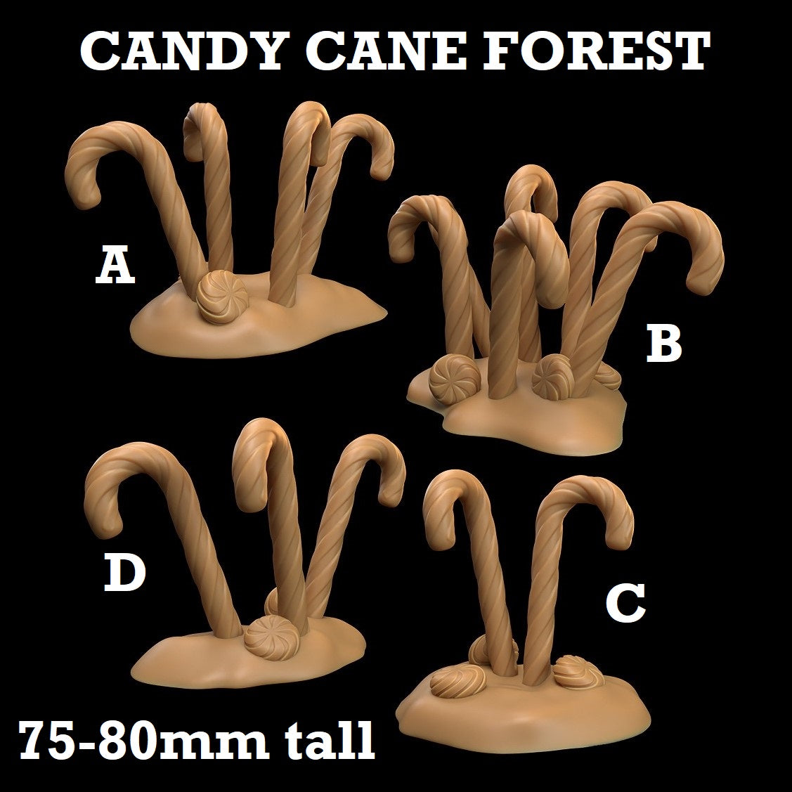Image shows 3D renders of four sculpt options for a candy cane forest piece of gaming miniature terrain