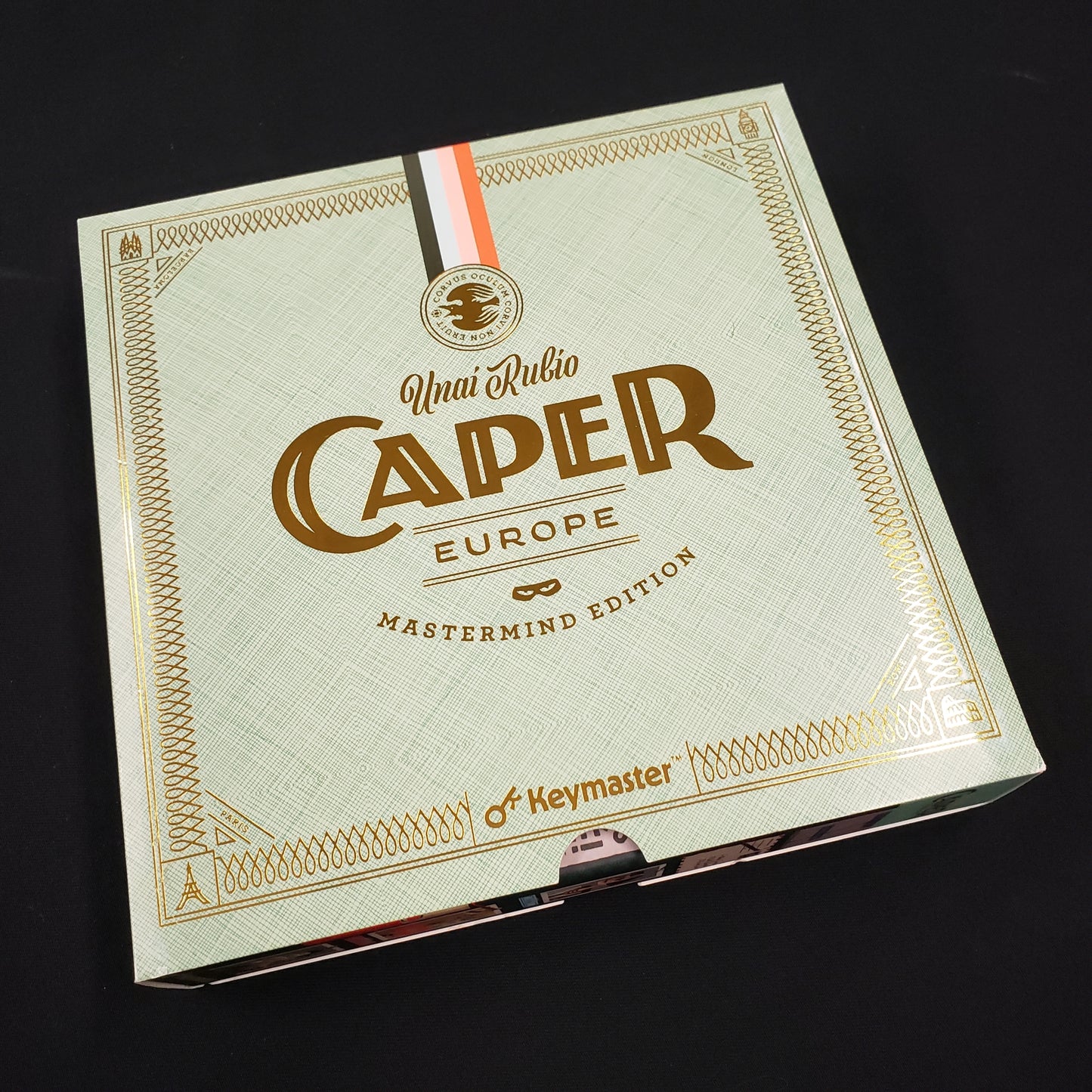 Image shows the front cover of the box of the Caper Europe board game
