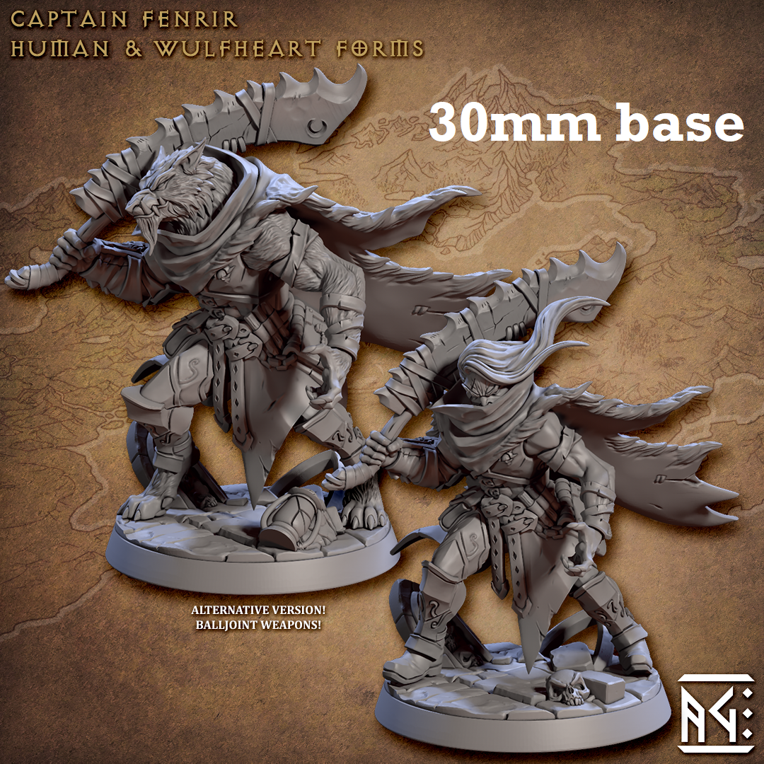 Image shows 3D renders of two sculpt options for a hunter captain gaming miniature in human and werewolf form