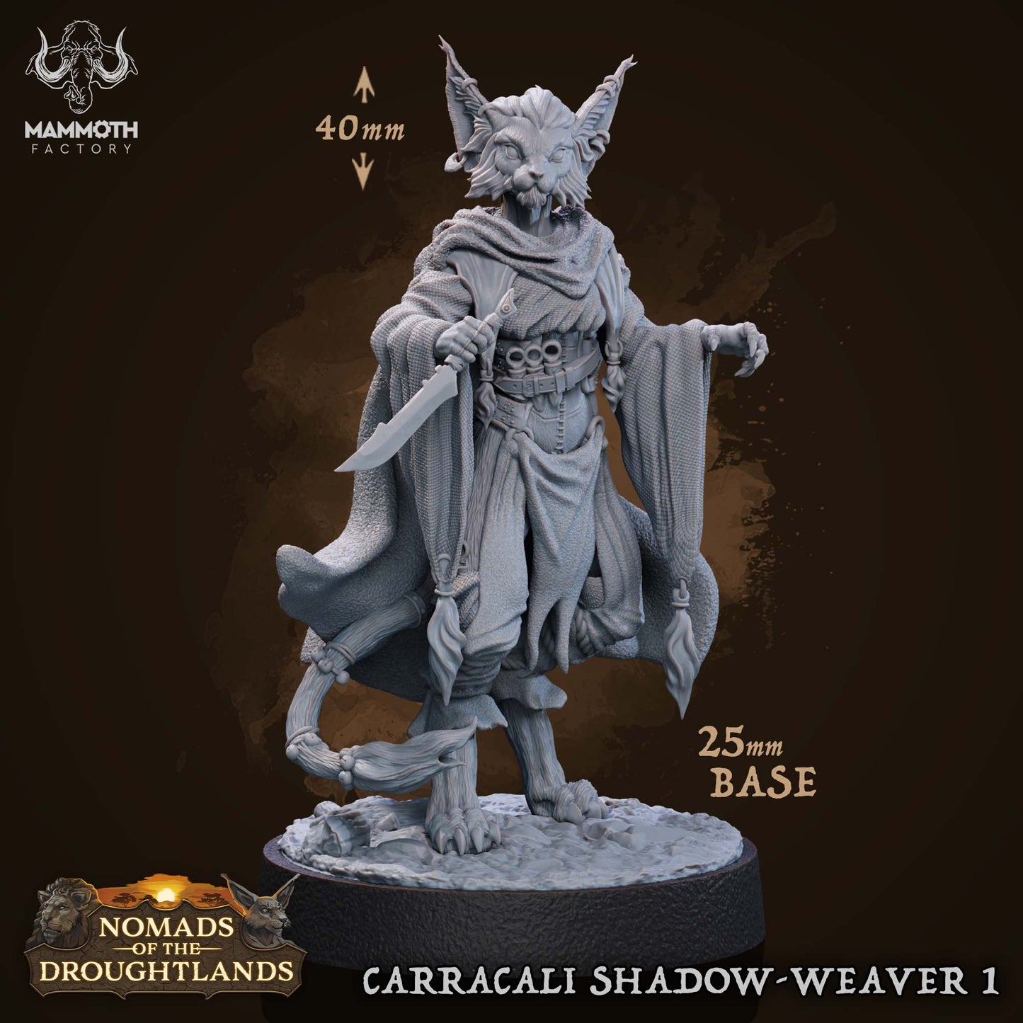 Image shows a 3D render of a tabaxi rogue gaming miniature.