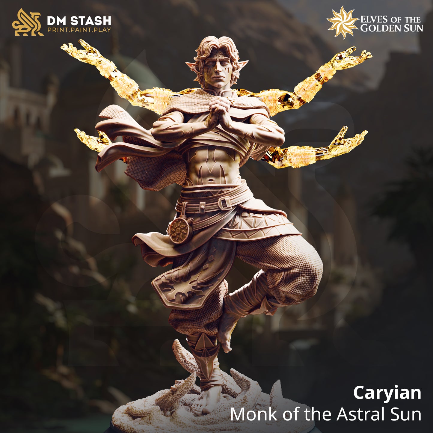 Image shows a 3D render of a elf monk gaming miniature.