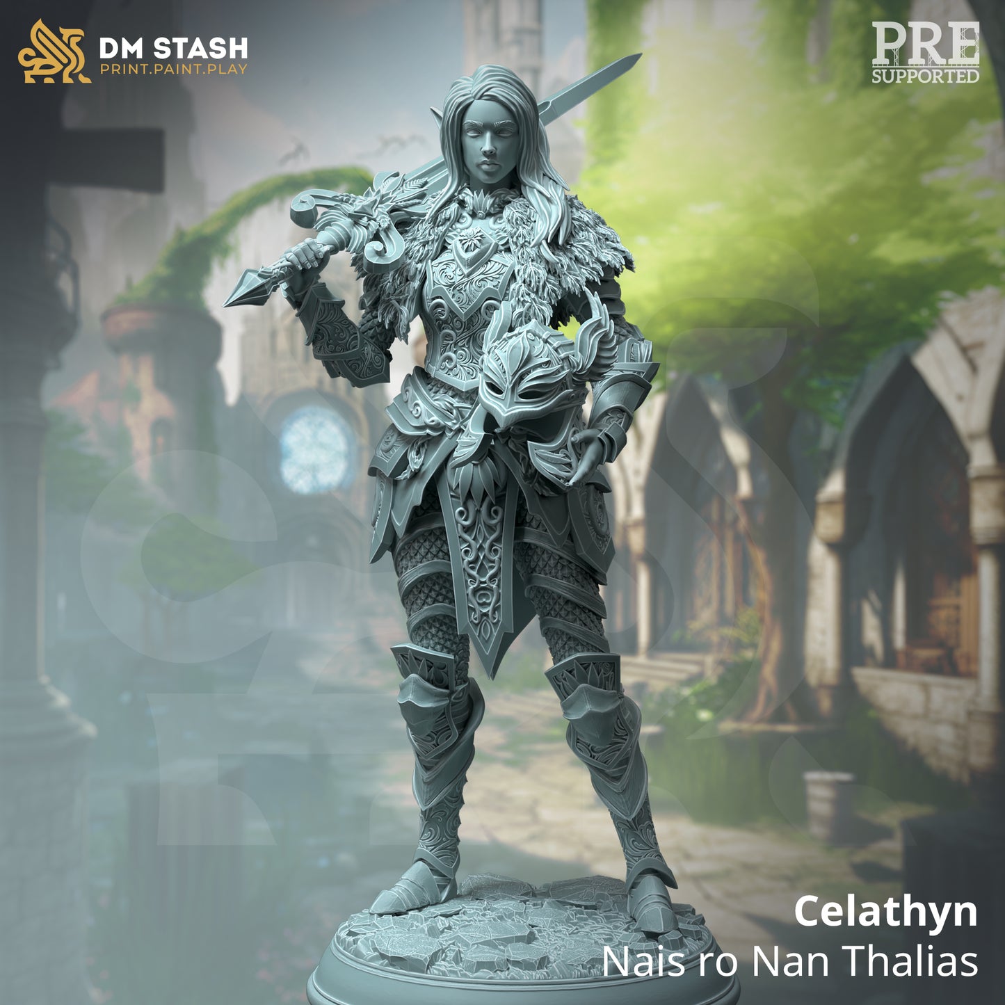 Image shows a 3D render of a elf paladin gaming miniature holding a sword over her shoulder