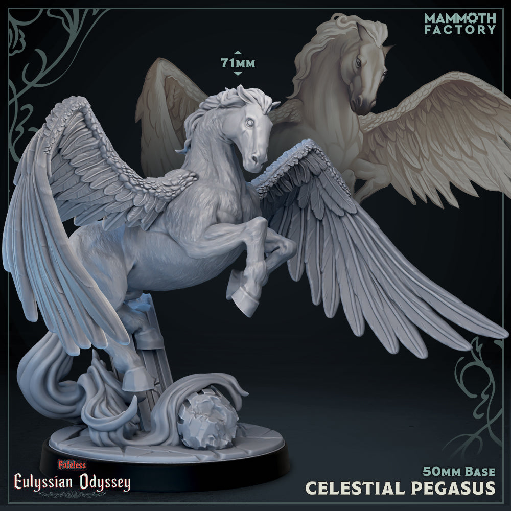 Image shows a 3D render of a wild pegasus gaming miniature.