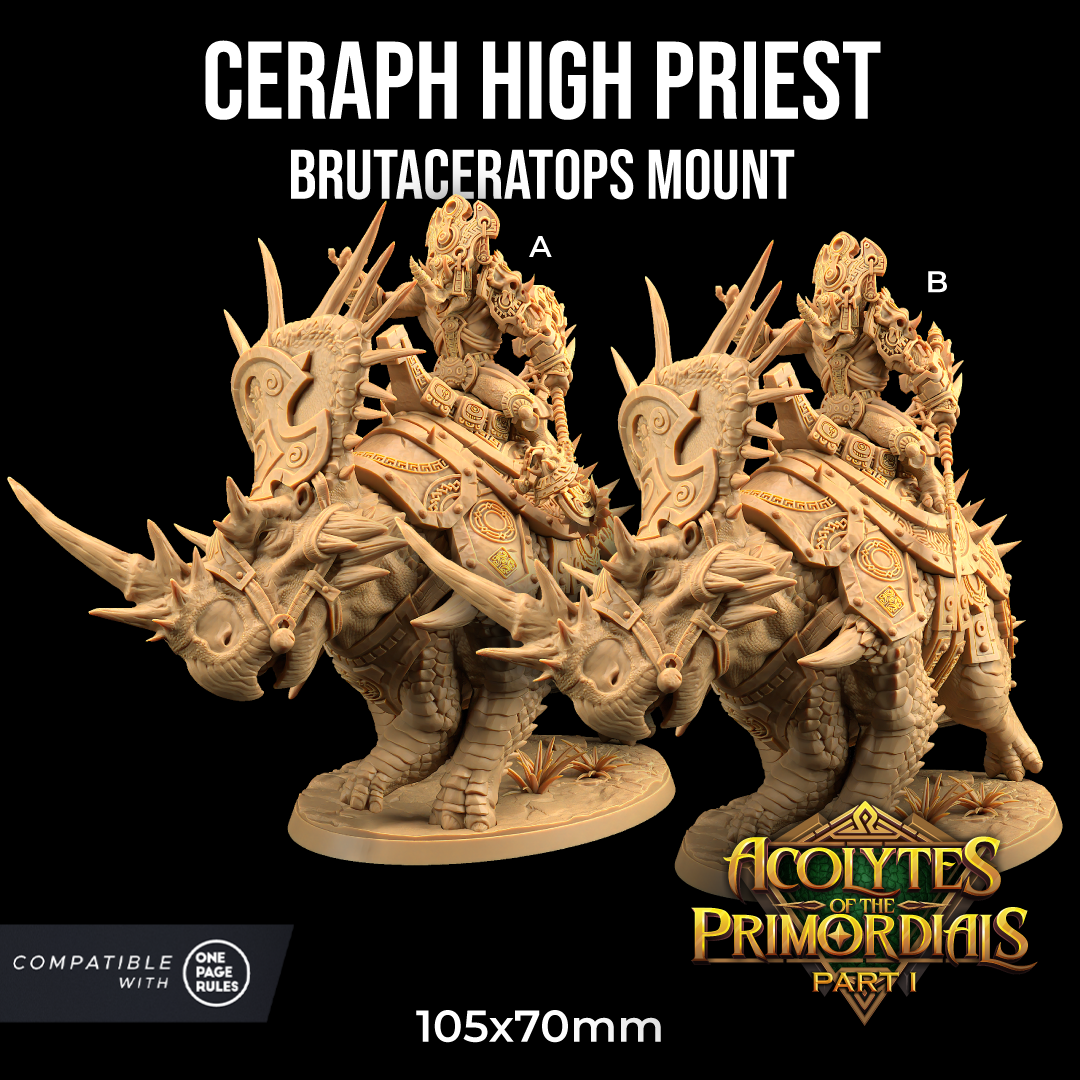 Image shows 3D renders of two different sculpt pose options of a triceratops priest gaming miniature riding a larger dinosaur, one holding a spear and the other holding an ornate glaive