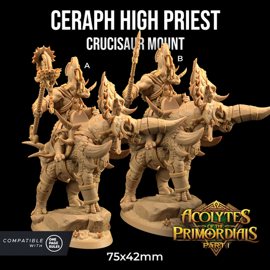 Image shows 3D renders of two different sculpt pose options of a triceratops priest gaming miniature riding a larger dinosaur, one holding a spear and the other holding an ornate glaive