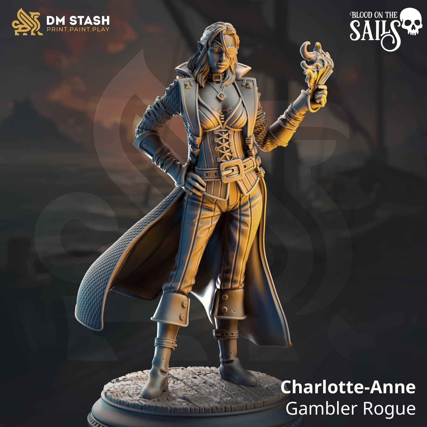 Image shows a 3D render of a half-elf pirate rogue gaming miniature.