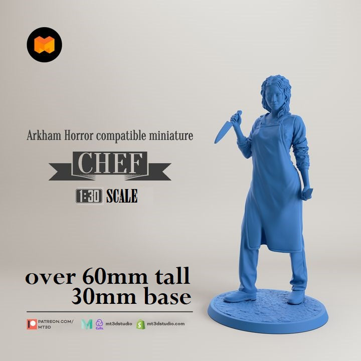 Image shows a 3D render of a chef with a knife gaming miniature.