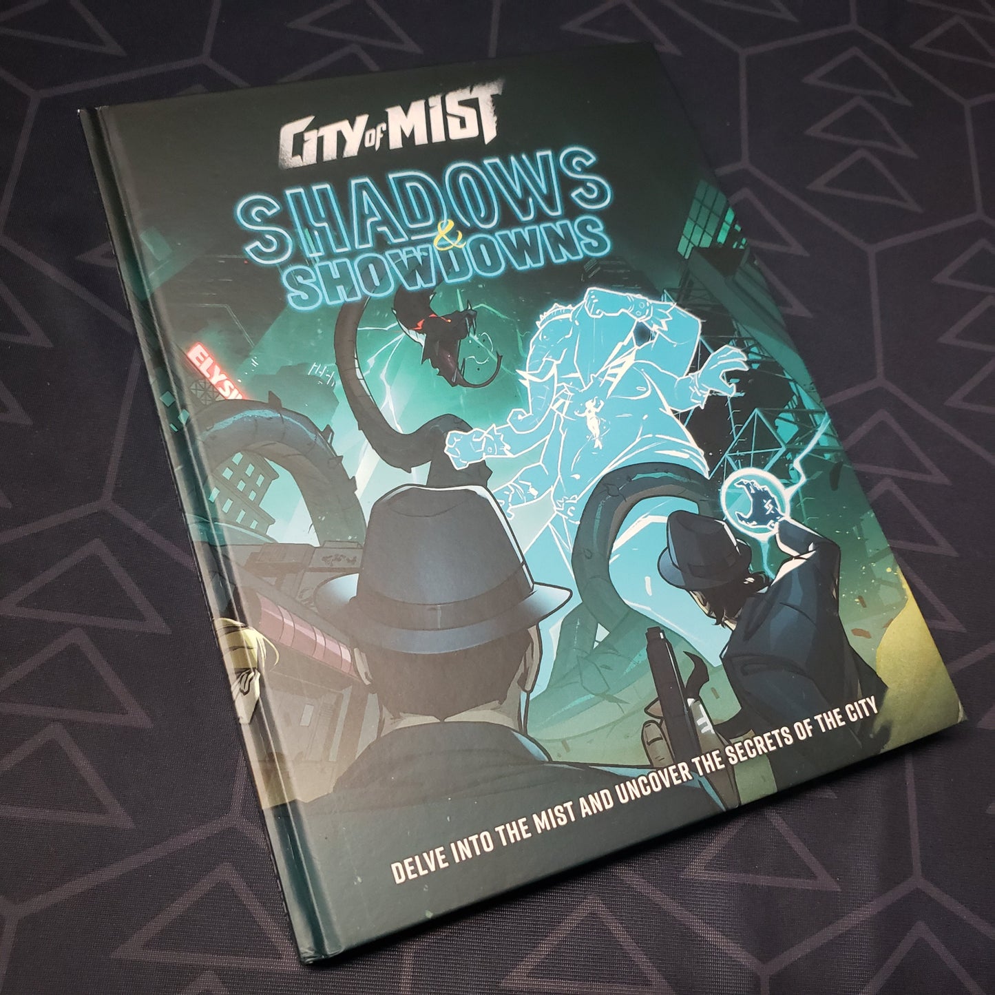Image shows the front cover of the Shadows & Showdowns book for the roleplaying game City of Mist