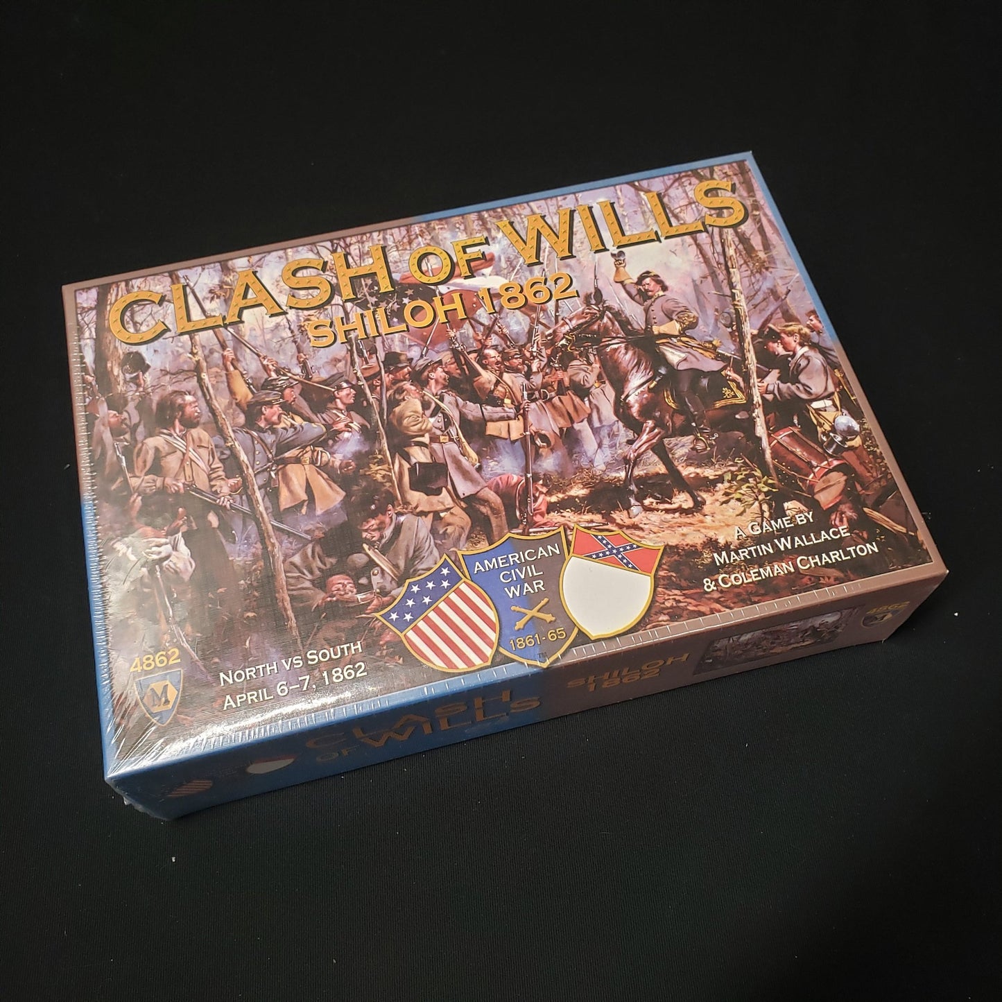Image shows the front cover of the box of the Clash of Wills: Shiloh 1862 board game