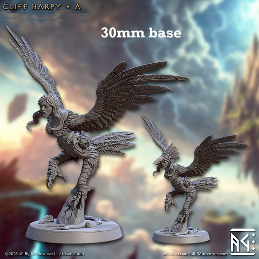 Image shows 3D renders of two sculpt options for a harpy gaming miniature.