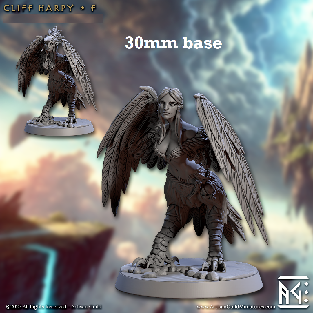 Image shows 3D renders of two sculpt options for a harpy gaming miniature.