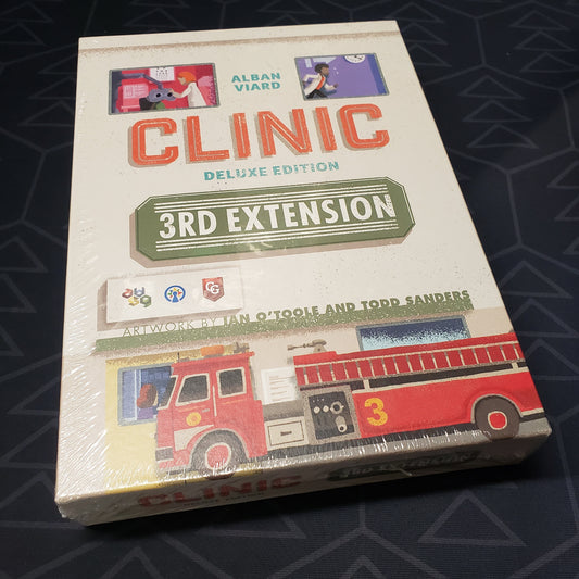 Image shows the front of the box for the 3rd Extension expansion for the board game Clinic: Deluxe Edition